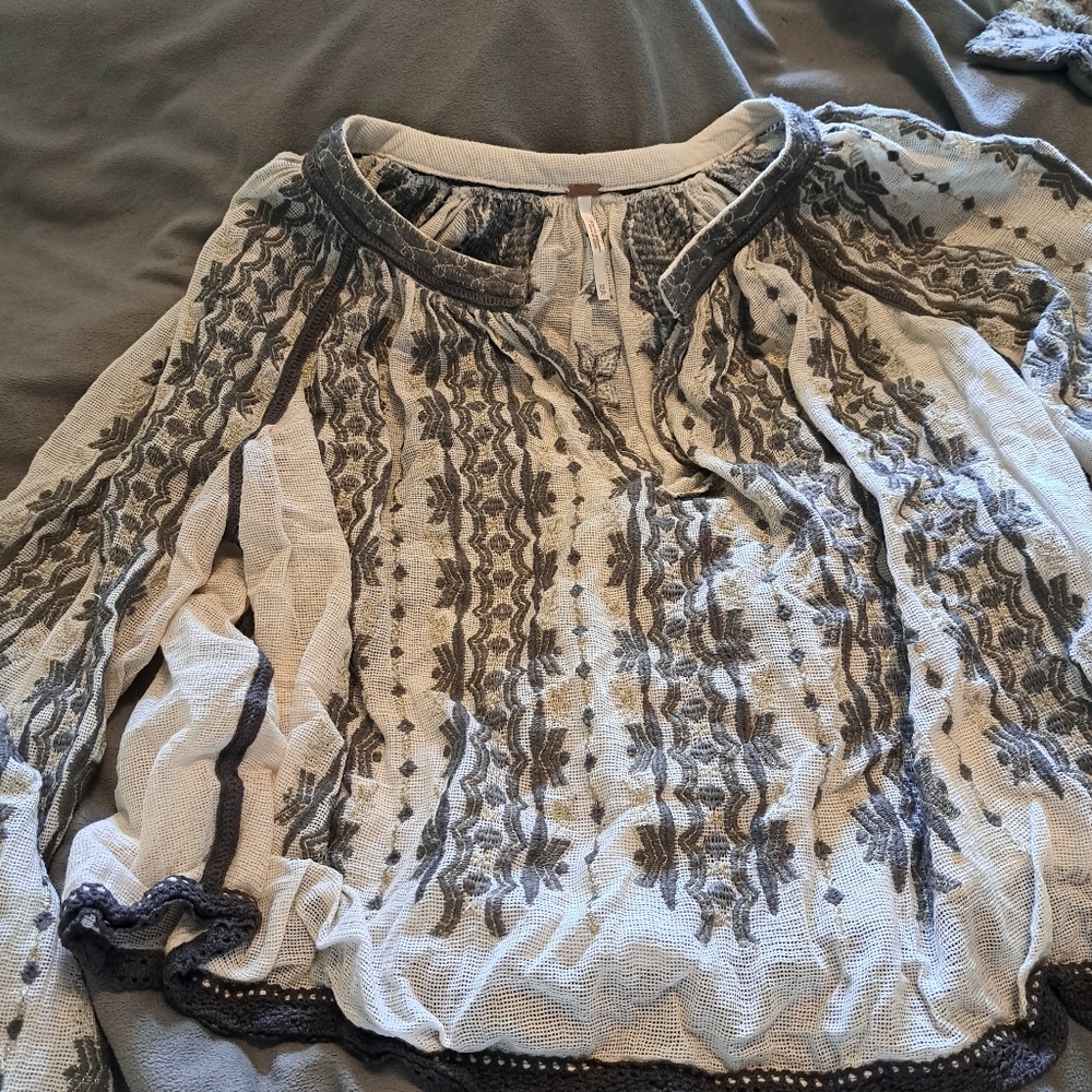 RARE free people white and grey embroidered top